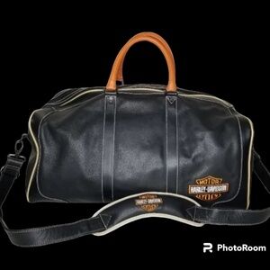 Harley Davidson Genuine 23” Leather Duffle Bag Travel Black Orange